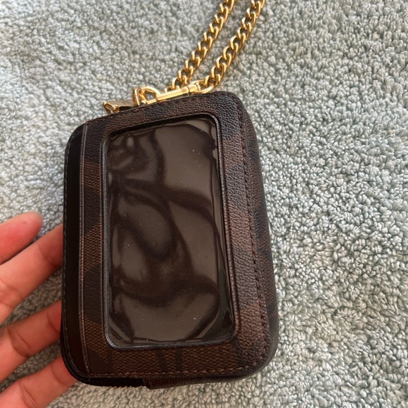 Coach Zip ID Card Case Coin Mini Leather Wallet Chain Brown Signature - Picture 5 of 5